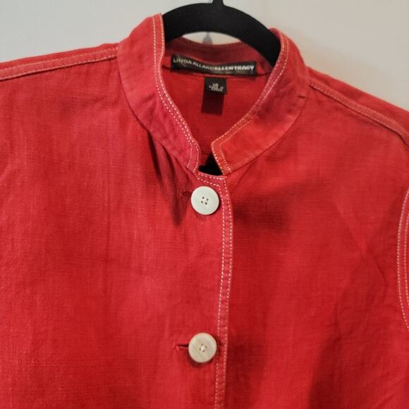Linda Allard Ellen Tracy Red Linen Blazer Sz 14 Midi Cuffed Sleeve Office - Picture 6 of 12